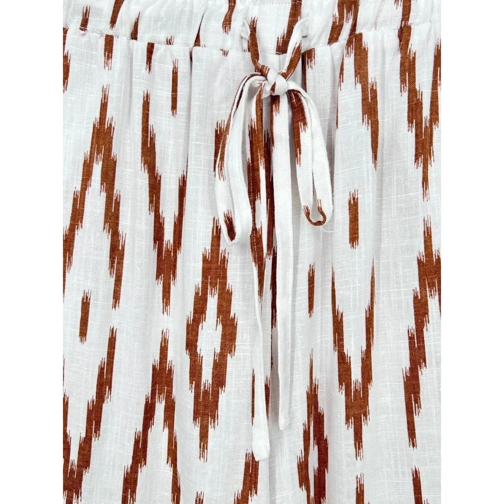 NEW‎ Vince Camuto 3X White Brown Ikat Linen Blend Wide Leg Crop Drawstring Pants